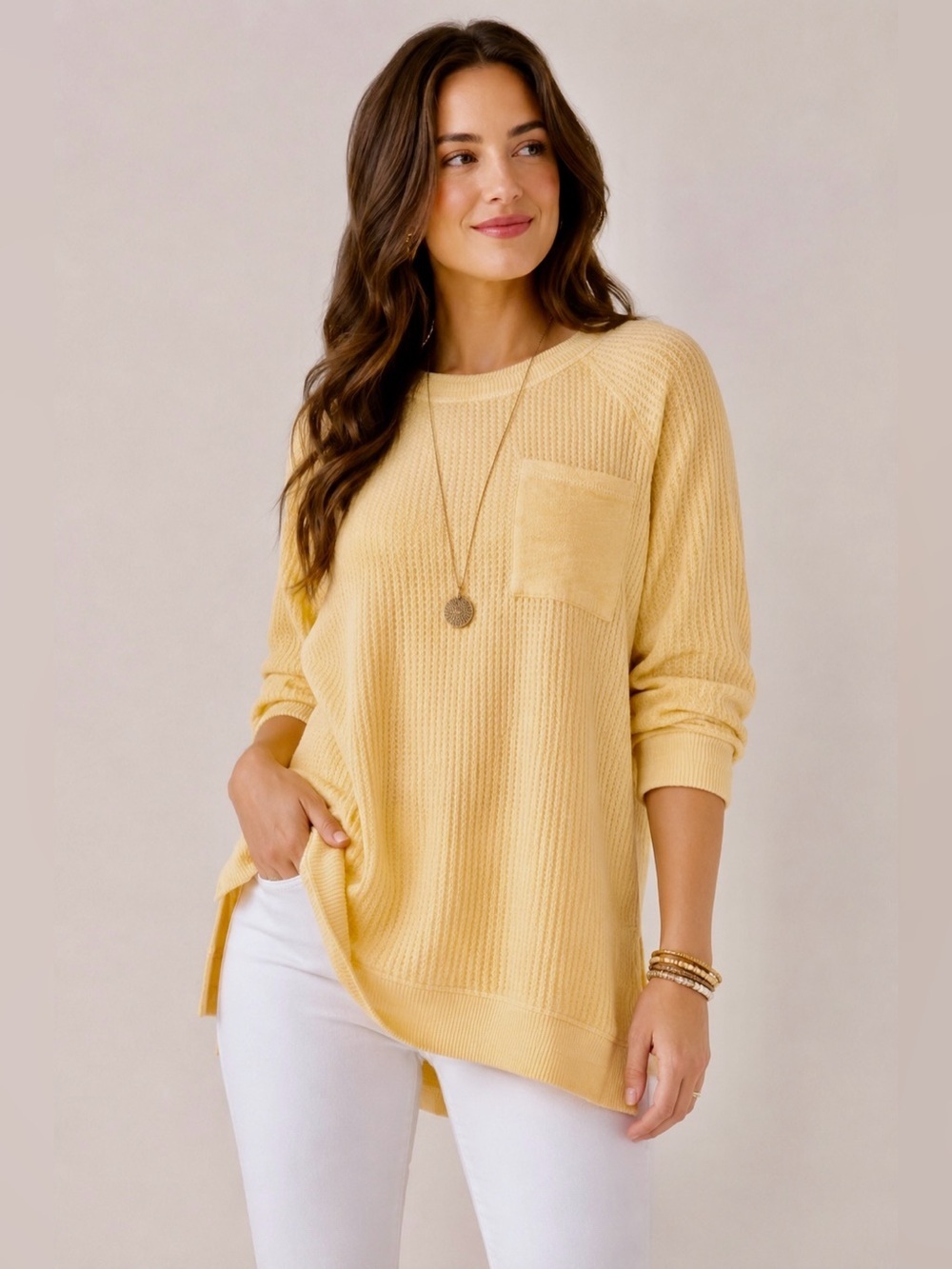 Soft Surroundings Waffle Knit Tunic Top Peach Orange Pocket Medium M